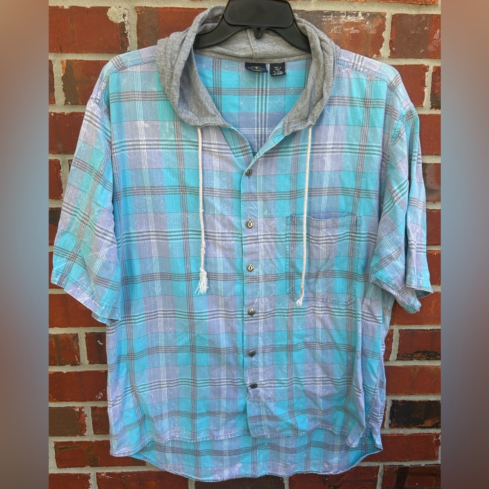 Vintage Shah Safari Men’s Short Sleeve Plaid Turquoise & Gray XL Hooded Shirt C9